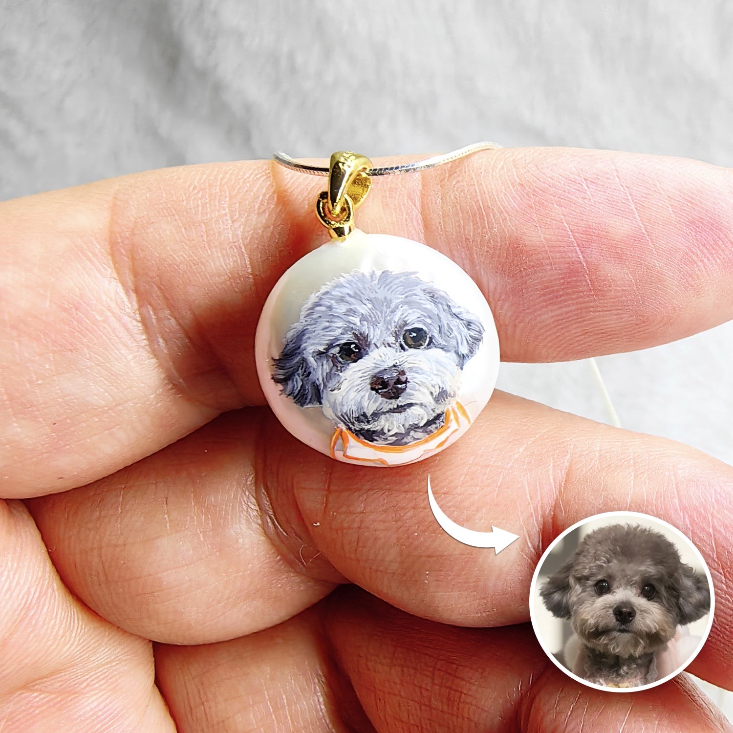 Custom Pet Portrait Pendant — Hand Painted on Pearl