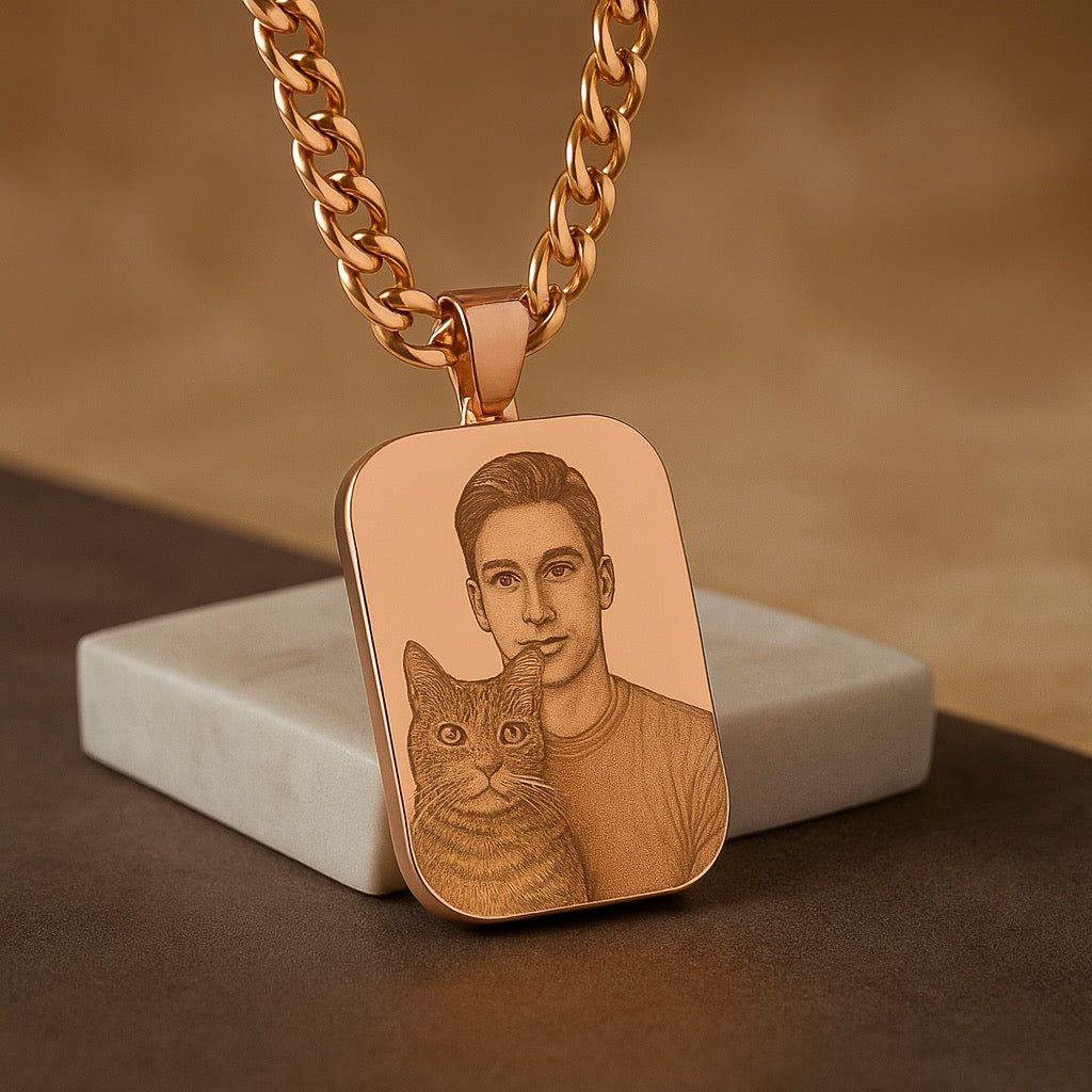Custom Engraved Portrait Necklace – Rounded Square Photo Pendant