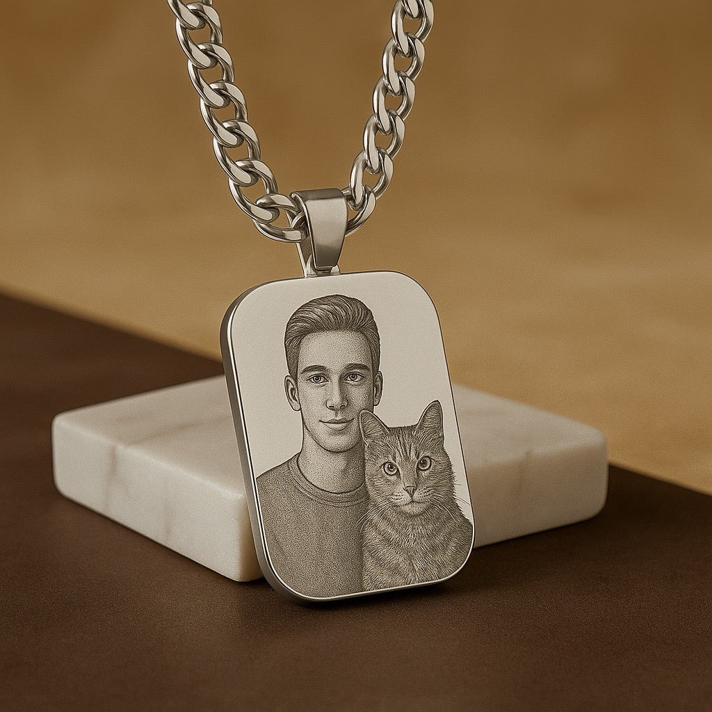 Custom Engraved Portrait Necklace – Rounded Square Photo Pendant